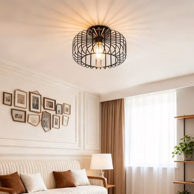 Livingandhome Modern Metal Lantern Shape Ceiling Light in Black
