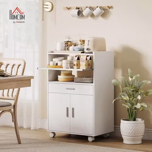 HOMCOM Modern White Kitchen Trolley with Wheels and Hinged Doors, W/D/H: 59 x 40 x 92 cm – 2