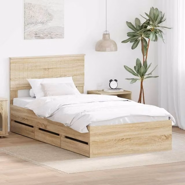 Berkfield Home Modern Bed Frame with Drawers in Sonoma Oak Brown, W/D/H: 100 x 200 cm