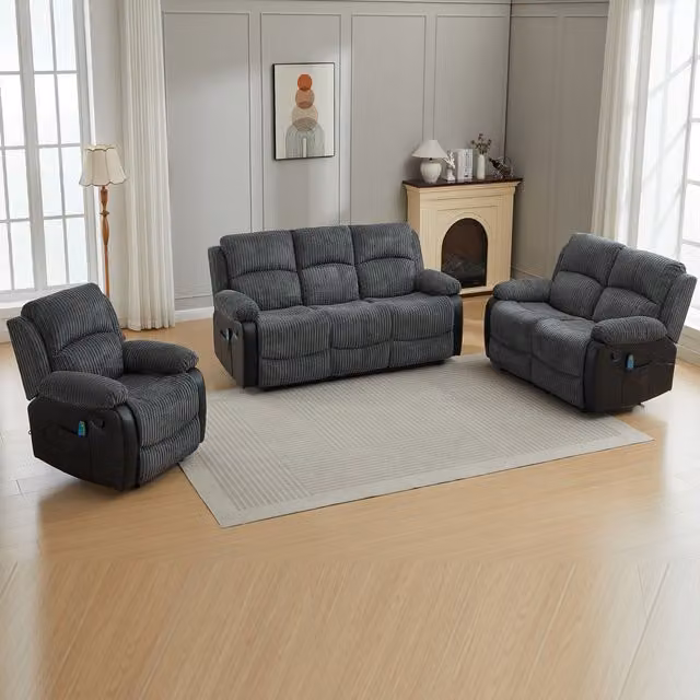 Furniture One Grey Corduroy 6 Piece Massage Reclining Sofa Suite with 3 Seater and 2 Seater Sofas