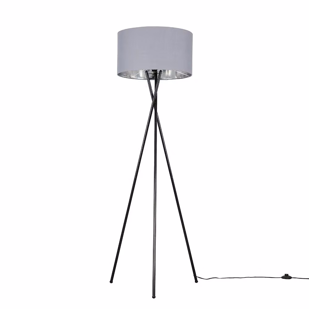 ValueLights Camden Modern Black Metal Tripod Floor Lamp with Grey and Chrome Cylinder Shade – 3