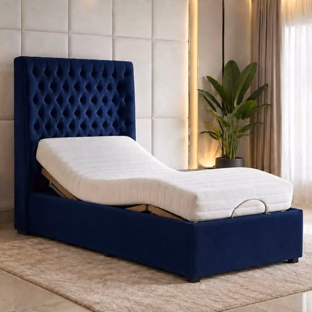Whitby Electric Adjustable Bed with Foam Mattress in Blue and Silver, W/D/H: 180 x 200 cm
