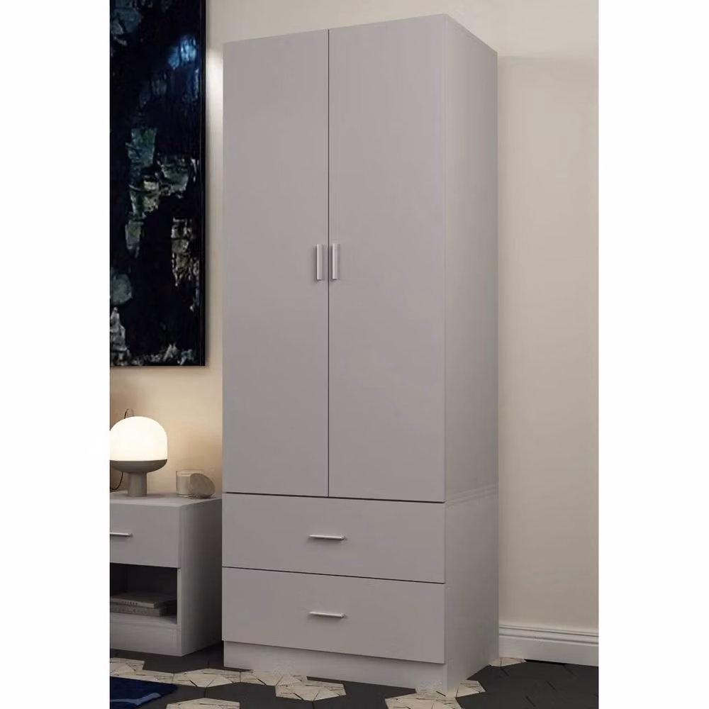FORGEVIO Grey Modern Compact Wardrobe with 2 Doors and 2 Integrated Drawers – 2