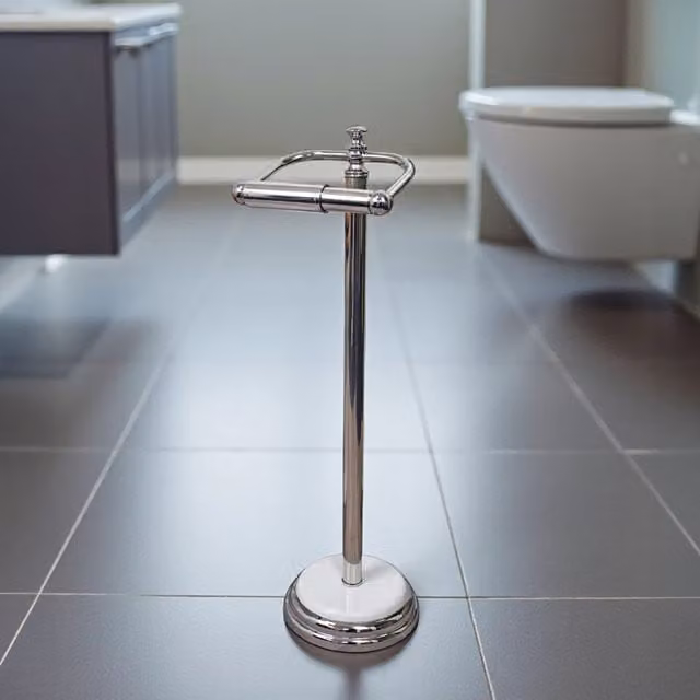 Showerdrape Opera Freestanding Toilet Roll Holder in White and Silver