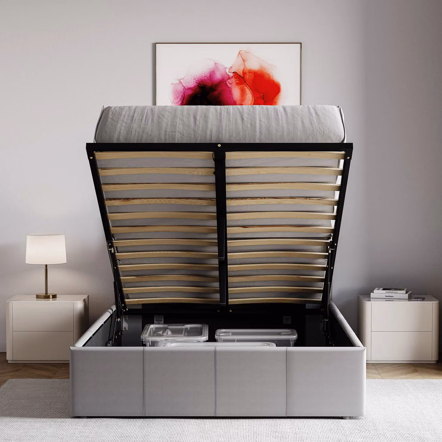 Vida Designs Lisbon Small Double Ottoman Bed Frame in Grey Synthetic Leather and Fabric, W/D/H: 120 x 200 cm – 6
