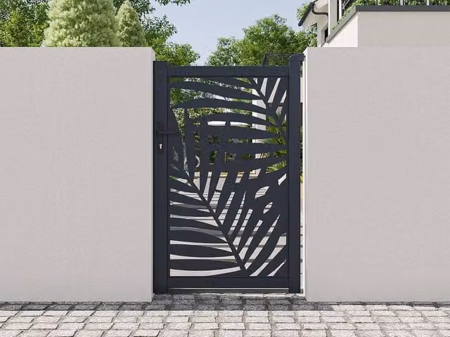 Vente-unique Laser Cut Aluminium Swing Gate with Tropical Pattern in Dark Grey, W: 103 cm, H: 166 cm – 1