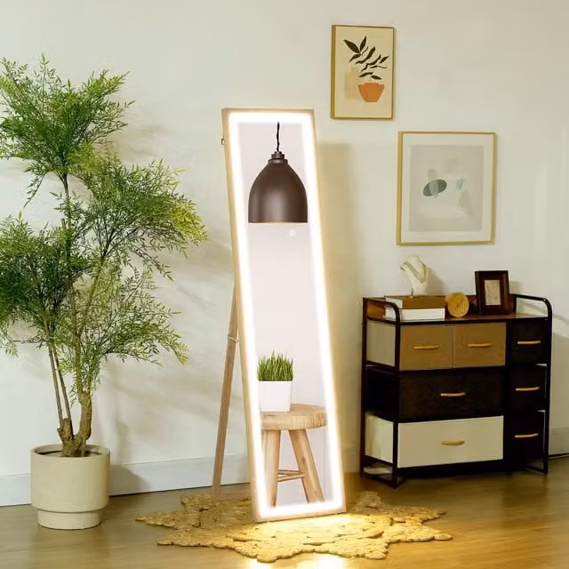HOMCOM Full Length Rectangular Mirror with Dimmable LED Lights in Oak Brown