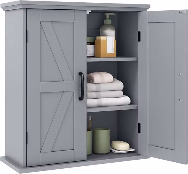 Costway Grey Farmhouse Wall Mounted Bathroom and Kitchen Cabinet with 2 Hinged Doors and Internal Shelves – 1