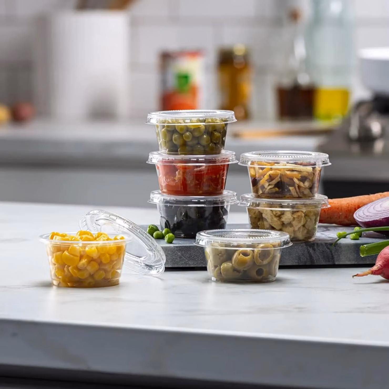 ECONX 100 Pack Reusable Plastic Portion Pots with Airtight Lids, 2oz Transparent Leakproof Sauce and Dip Containers – 6