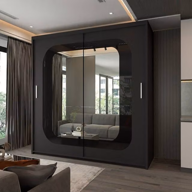 Sliding Wardrobes 4U Modern Double Door Sliding Wardrobe with Integrated LED Light and Mirror in Black, W: 203 cm, H: 217 cm