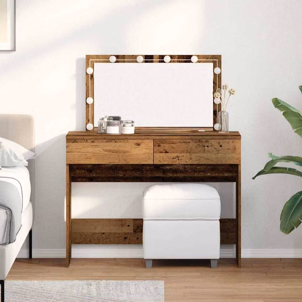 Berkfield Home Rustic Wood Dressing Table with Hollywood LED Mirror in Brown, W/D/H: 100 x 40 x 120 cm – 2