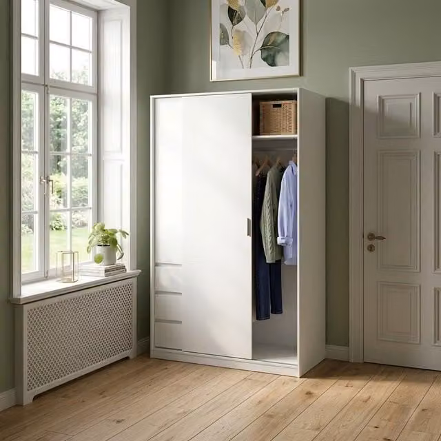 Home Treats White Sliding Door Wardrobe with Internal Drawers, Shelves and Hanging Rail, H 200 x W 118.5 x D 60 cm