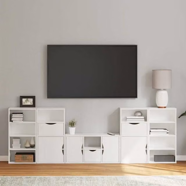 Berkfield Home ODDA 5 Piece White Solid Wood Pine TV Unit with Storage – 1