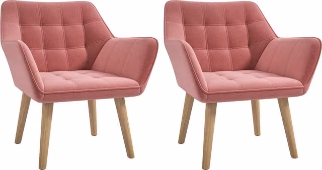 HOMCOM Set of 2 Pink Velvet Accent Armchairs with Modern Tub Design and Metal Frame – 1