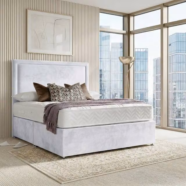 DS Living Velmont White Velvet Upholstered Divan Bed, W: 200 cm, D: 200 cm