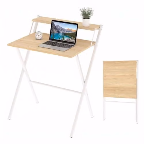 Levede Folding Oak Computer Desk with Monitor Shelf, W/D/H: 69.5 x 67.5 x 45 cm – 1