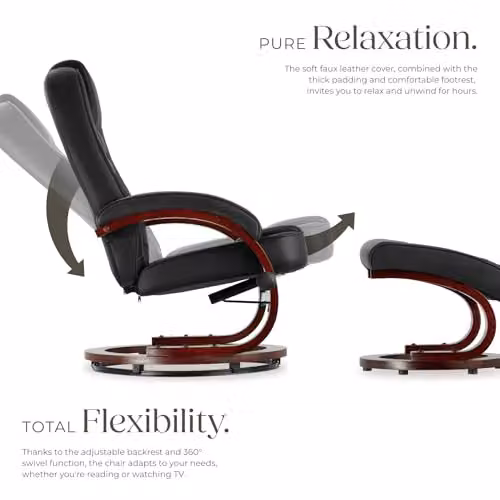 tectake Swivel Recliner Chair with Ottoman and Synthetic Leather Cover in Black and Brown – 5