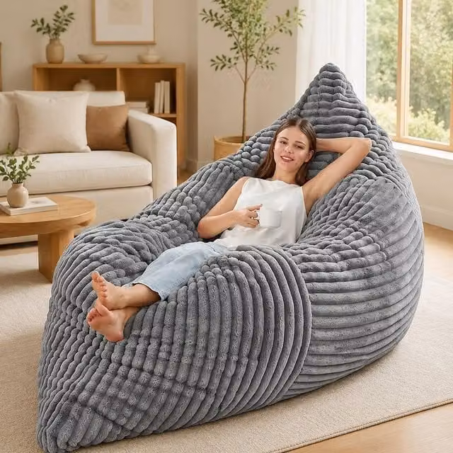 STILVORA 3-in-1 Grey Bean Bag Chair with Shredded Memory Foam and Removable Cover