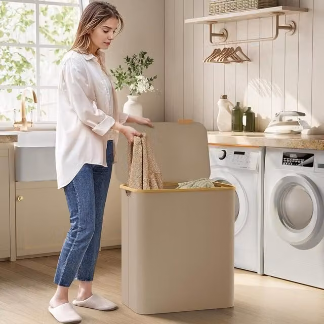 SONGMICS Extra Large 3-Section Collapsible Laundry Hamper with Bamboo Handles, Beige, W/D/H: 120 x 70.5 x 60 cm – 1