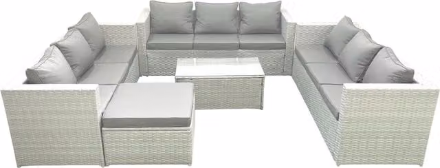 Fimous 10 Seater Rattan Garden Furniture Set with Coffee Table and Large Footstool in Light Grey