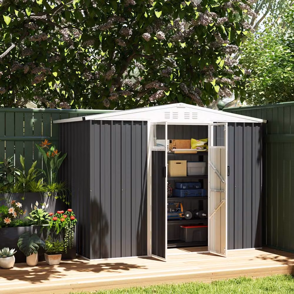 STILVORA Galvanised Steel Garden Shed with Double Doors and Window in Dark Grey, W/D/H: 246 x 121.92 x 216 cm – 3