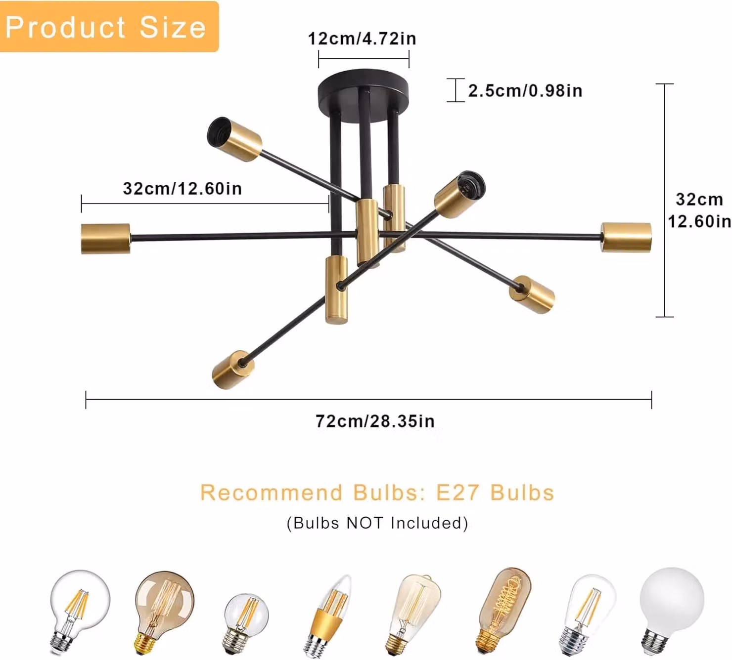 COMELY Sputnik Industrial Ceiling Light, 6-Light Adjustable Metal Design with E27 Sockets in Black or Gold/Brass – 3
