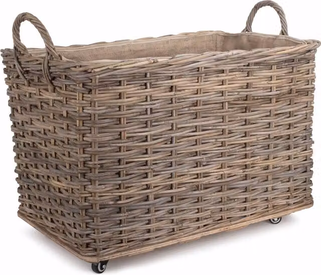 Red Hamper Large Wheeled Rattan Log Basket with Hessian Lining in Brown, Grey or Red, W/D/H: 76.0 x 52.0 x 47.0 cm – 2