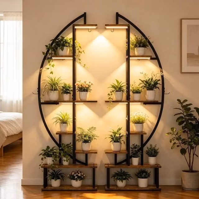 EONLION XL Brown Metal Plant Stand with Integrated Grow Lights and Flower Shelf – 1