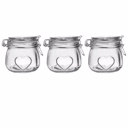 Nicola Spring Heart Shaped Glass Storage Jars with Airtight Clip Lids, 500ml, Pack of 3, Transparent