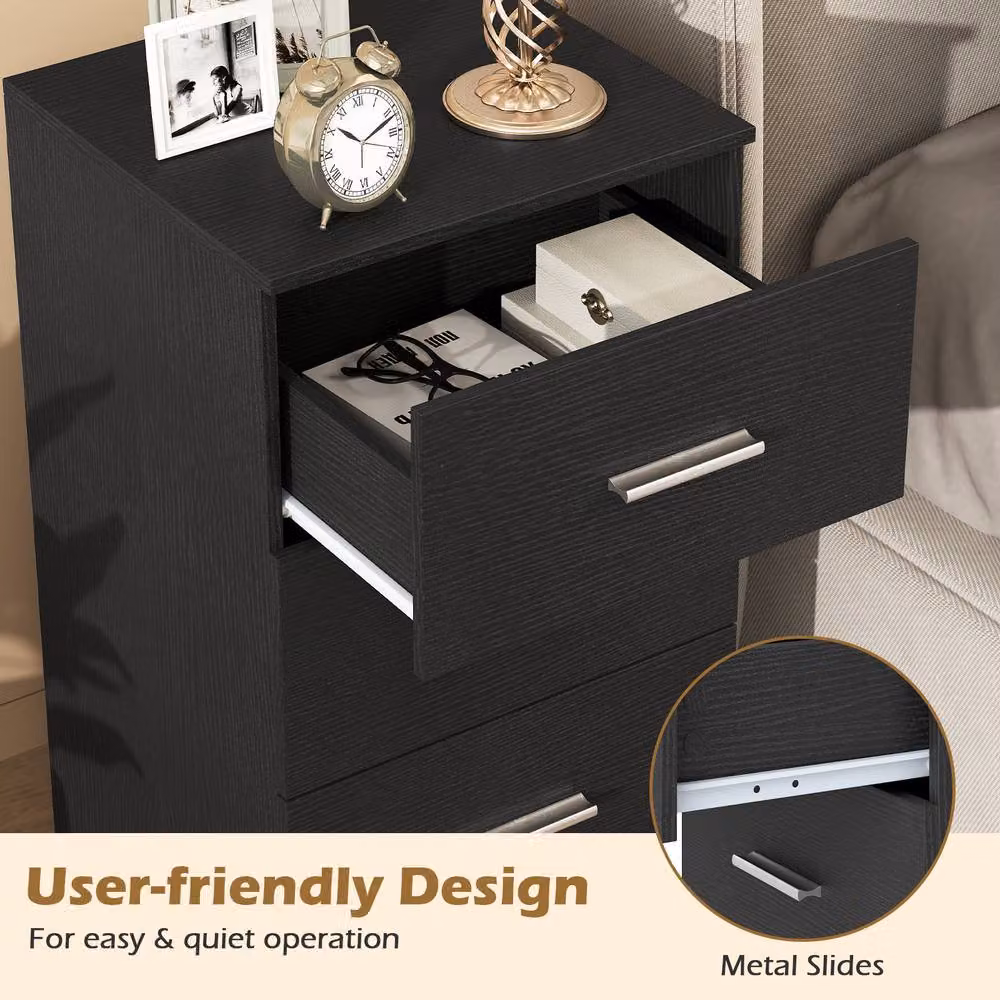 Costway Modern Black Nightstand with 3 Storage Drawers – 6