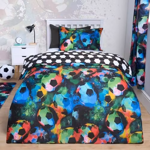 OHS Reversible Neon Football Duvet Cover and Pillowcase Set for Children, Multicolour, W/D/H: 200 x 200 cm with 2 x 50 x 75 cm Pillowcases