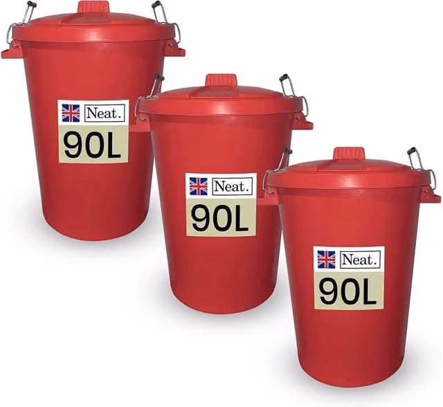 Neat. 90L Heavy Duty Plastic Kitchen Dustbin with Lid and Metal Handle, Red