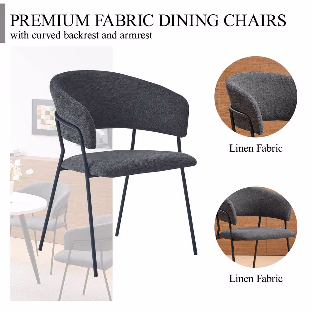 SONARA Set of 2 Modern Curved Dining Chairs with Armrests and Metal Frame in Grey – 3
