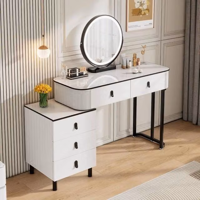 SPETLEK White High-Gloss Hollywood LED Dressing Table with Rectangular Vanity Makeup Desk – 1