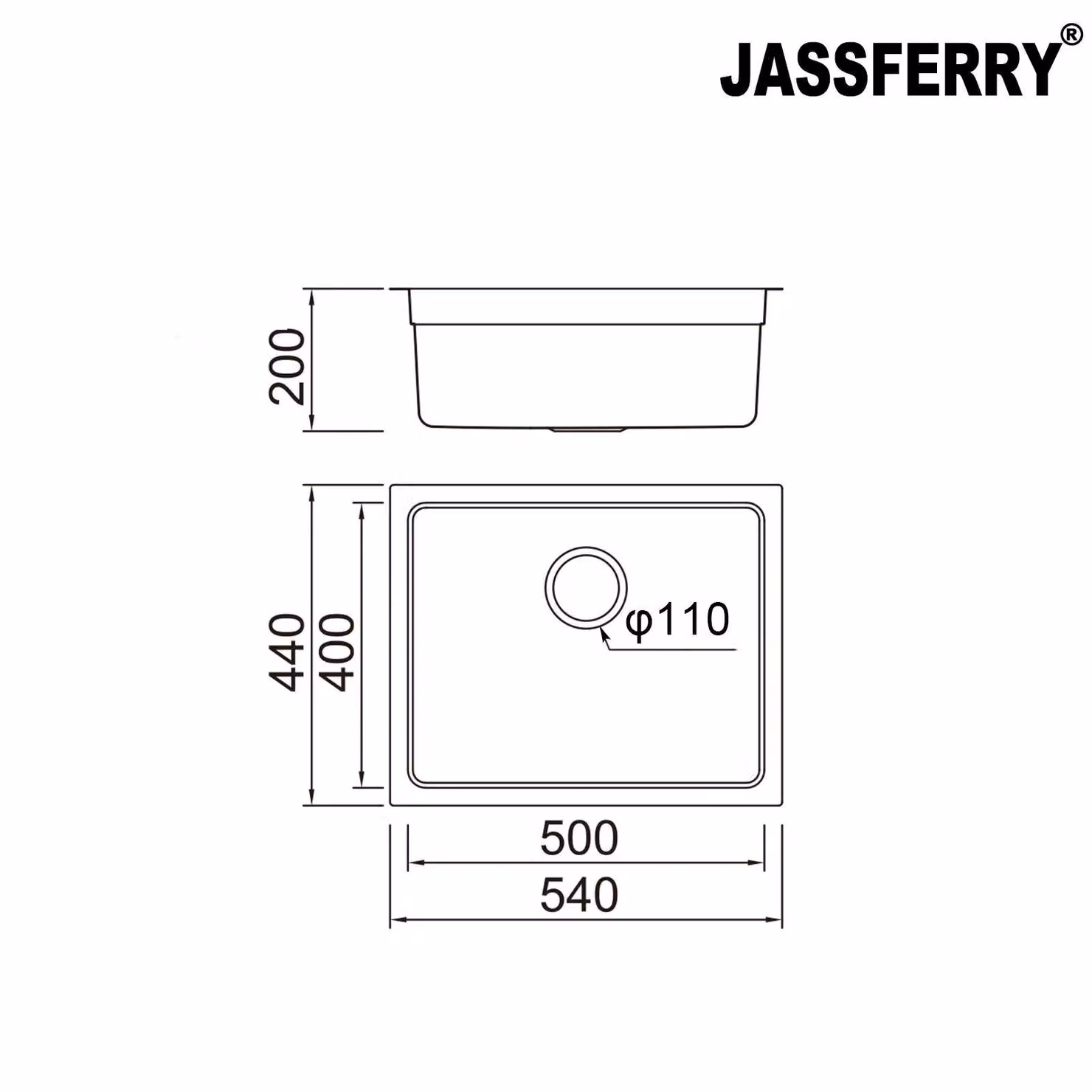 JASSFERRY Stainless Steel Undermount Kitchen Sink with Dish Drainer Rack in Silver, W: 54.0 cm x D: 44.0 cm – 2