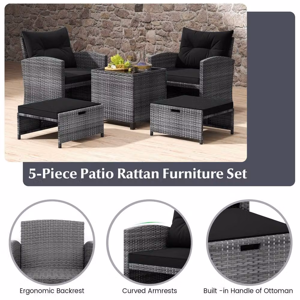 Costway 5-Piece Black Polyrattan Patio Furniture Set with Upholstered Lounge Armchairs and Ottomans – 8