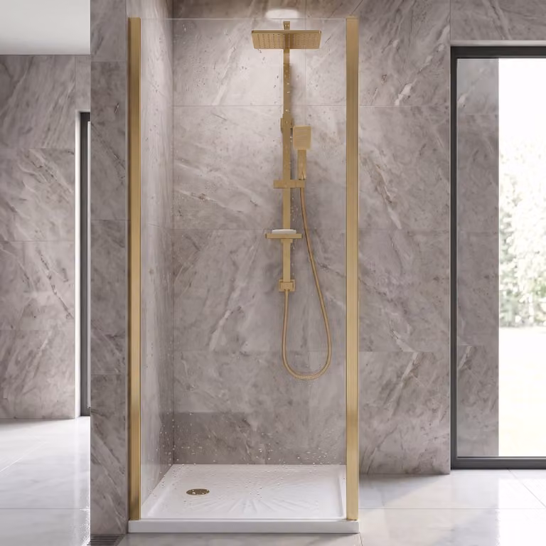 Balterley Reversible Safety Glass Shower Side Panel, Brushed Brass, 6mm, Width: 900 mm
