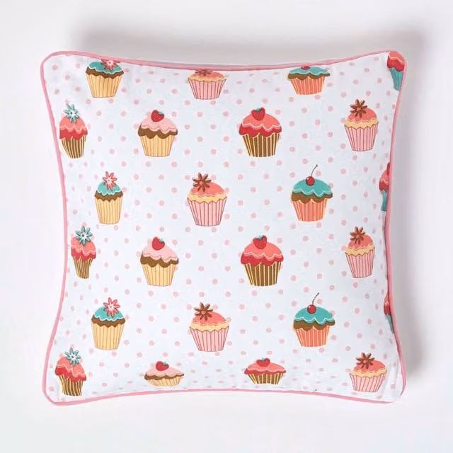 Homescapes Cotton Dotted Cup Cakes Cushion Cover, Pink and White, W/D/H: 45 x 45 x 1 cm