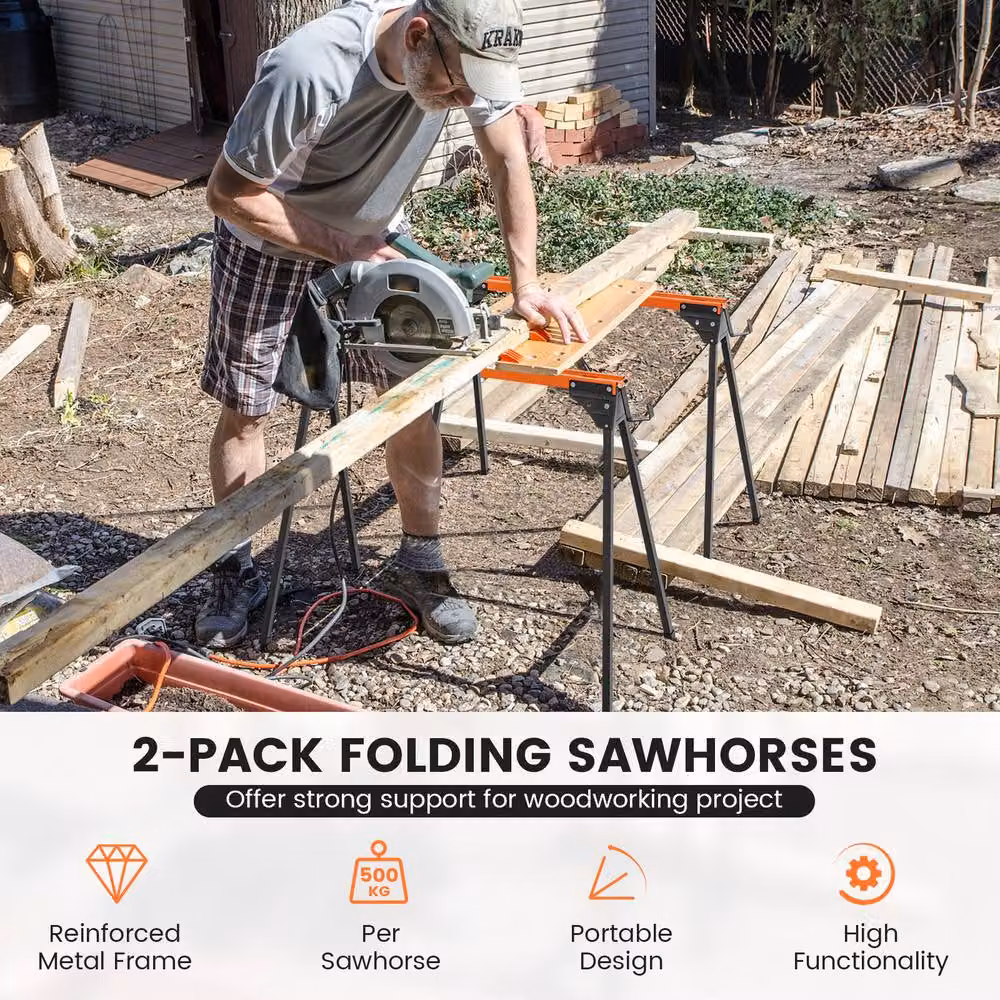 Costway 2 Pack Folding Metal Saw Horses in Orange – 3