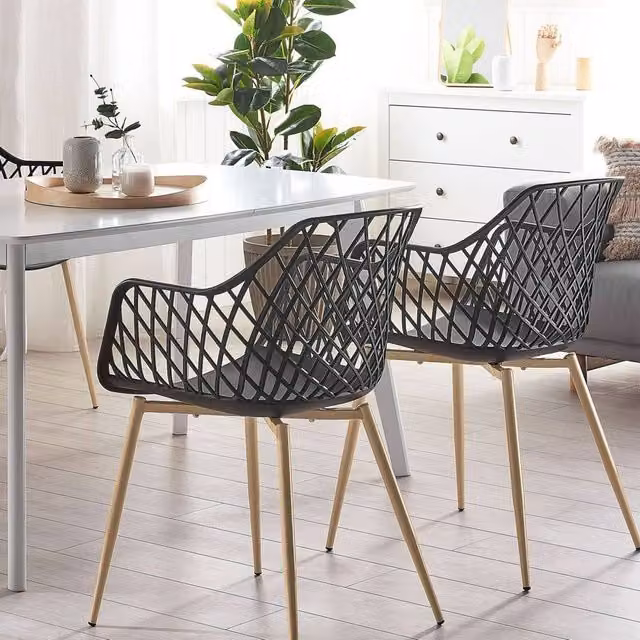 Wyld and Coco 2-Pack Modern Black Dining Chairs with Armrests and Open Net Back – 1