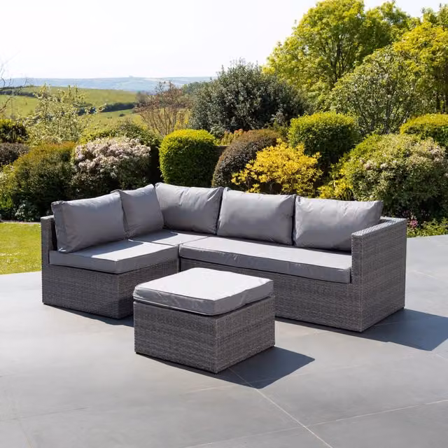 Artemis Home Della Grey Polyrattan L-Shape Corner Garden Sofa with Matching Ottoman and Cushions W/D/H: 215 x 140 x 73 cm – 1