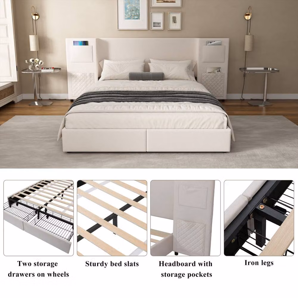 Merax Double Wingback Bed in Beige Velvet with Headboard Storage Pockets, W/D/H: 135 x 190 x 222.5 cm – 4