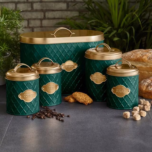 Neo Geometric Embossed 5 Piece Metal Kitchen Canister Set - Green