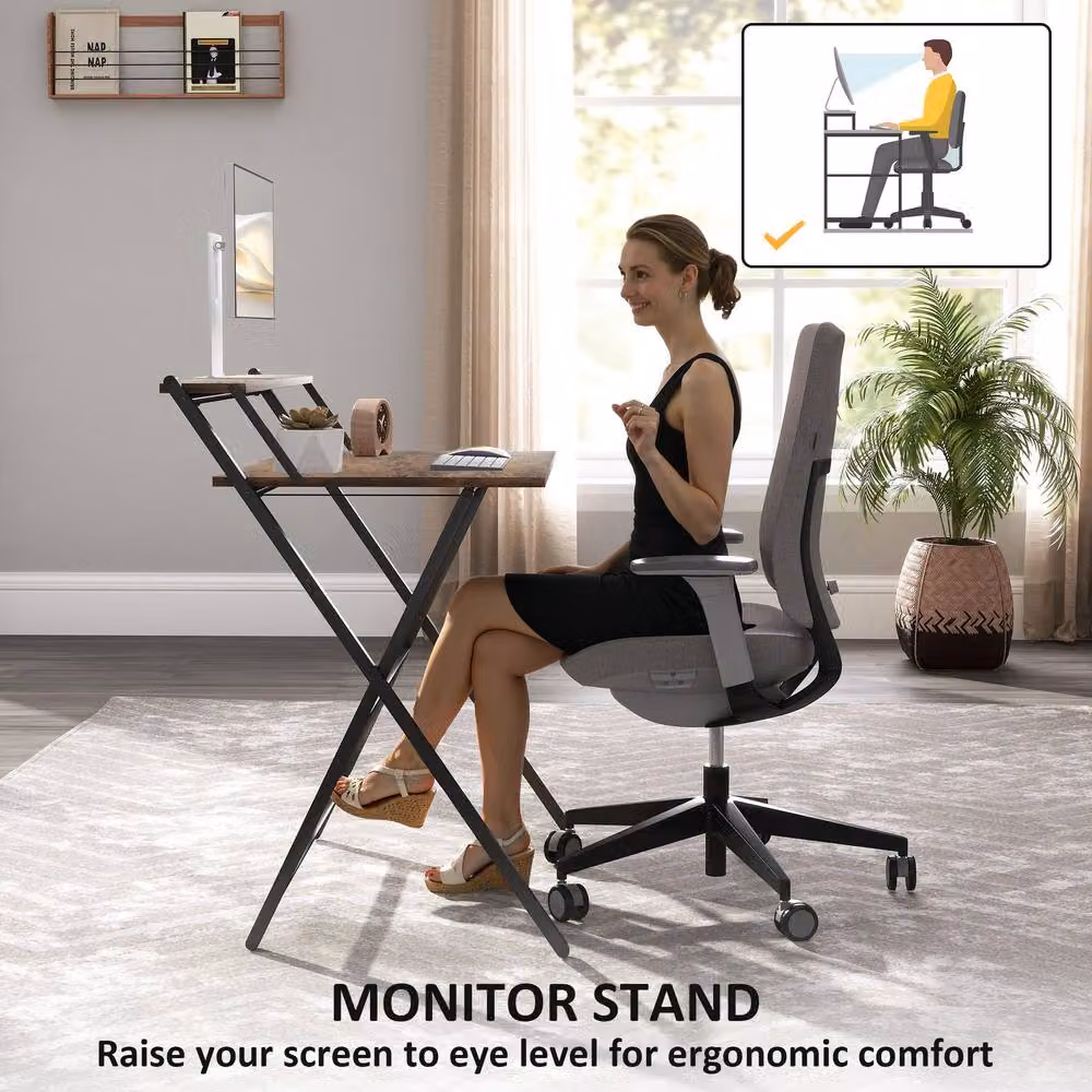 Rolipo Brown Folding Computer Desk with Monitor Shelf – 6