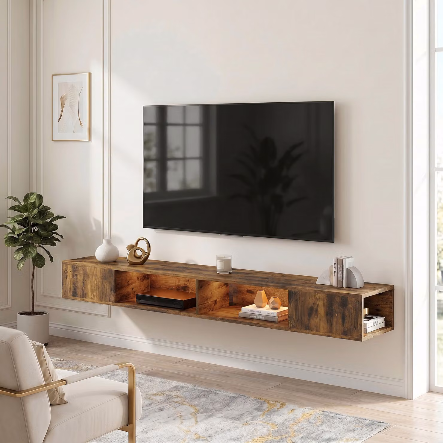 HOMCOM Wall Mounted TV Stand with RGB LED Lights, Floating Entertainment Centre for 75 Inch TV, Rustic Brown – 2