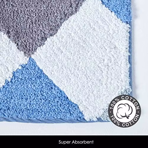 HOMESCAPES Harelquin Cotton Bathmat in Blue, Grey and White with Diamond Geometric Pattern and Non-Slip Backing, W: 50 cm, D: 80 cm – 2