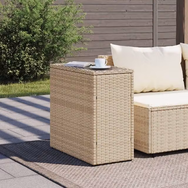 Berkfield Home Garden Side Table with Glass Top, Beige Poly Rattan, W/D/H: 58 x 27.5 x 55 cm – 1