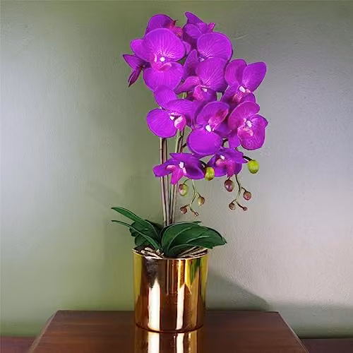 Large Purple and Gold Artificial Potted Orchid with Leaves