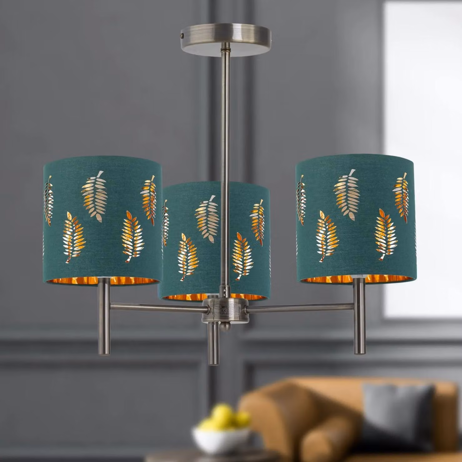 First Choice Lighting Brea Antique Brass 3 Light Ceiling Fitting with Green Fabric Shades – 3