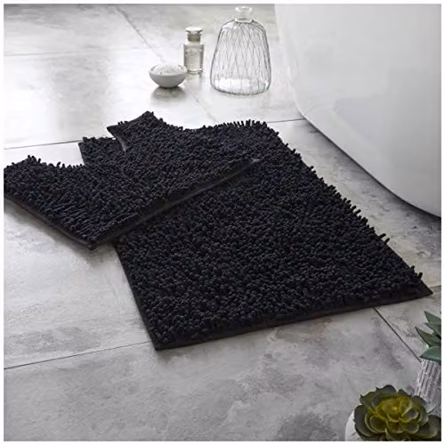 Gaveno Cavailia Super Absorbent Chenille Loop Bath Mat and WC Pedestal Mat Set, Black – 1